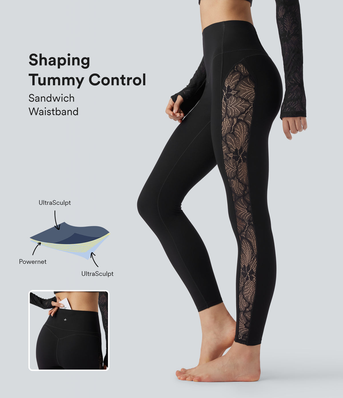 High Waisted Tummy Control Contrast Lace Yoga Leggings with Pocket — Black — view 1