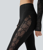 High Waisted Tummy Control Contrast Lace Yoga Leggings with Pocket — Black — view 6