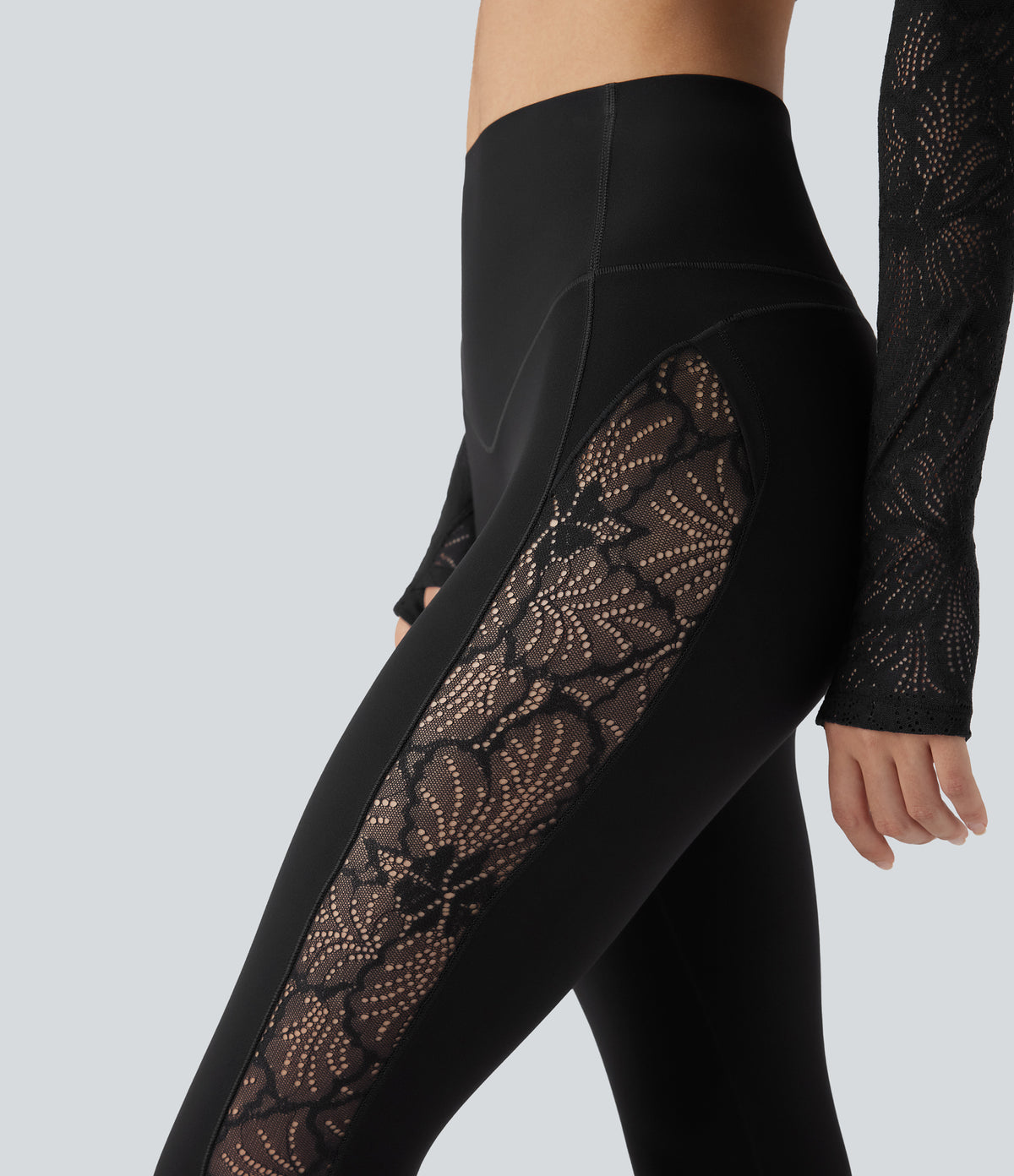 High Waisted Tummy Control Contrast Lace Yoga Leggings with Pocket — Black — view 6