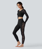High Waisted Tummy Control Contrast Lace Yoga Leggings with Pocket — Black — view 7