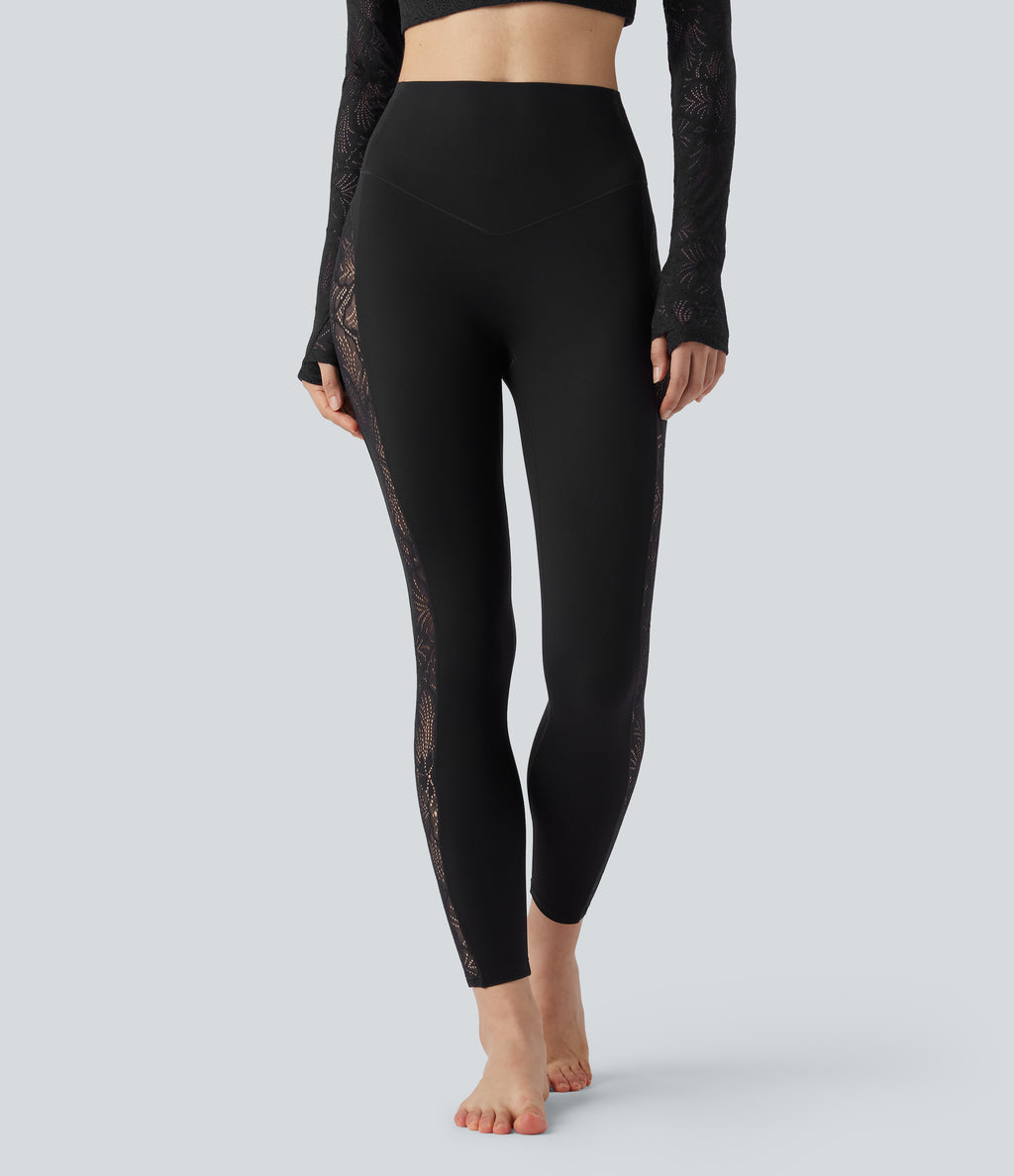 High Waisted Tummy Control Contrast Lace Yoga Leggings with Pocket — Black — view 3