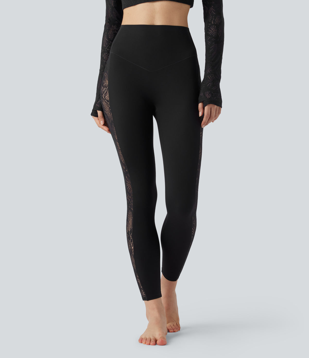 High Waisted Tummy Control Contrast Lace Yoga Leggings with Pocket — Black — view 3