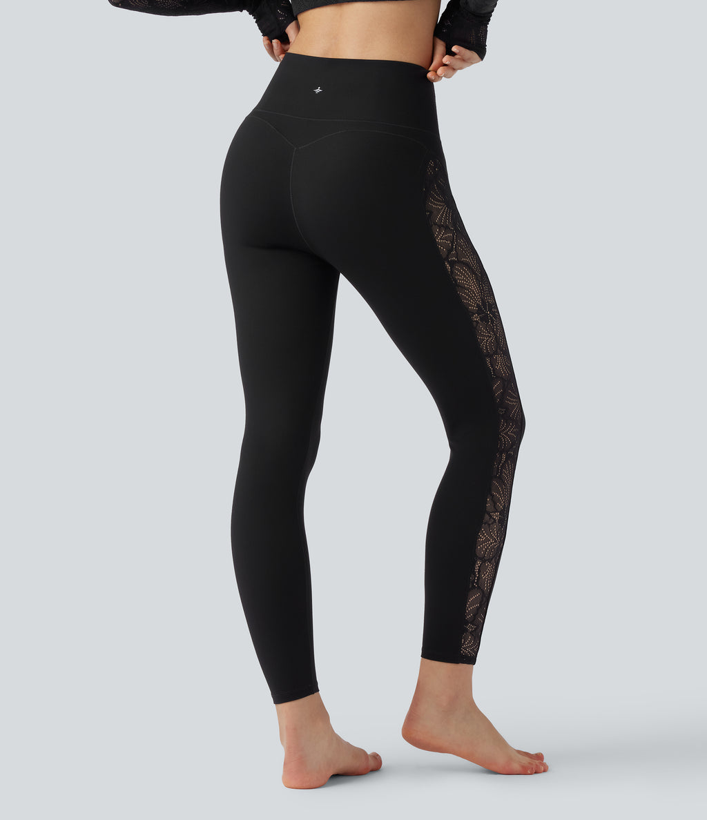 High Waisted Tummy Control Contrast Lace Yoga Leggings with Pocket — Black — view 2