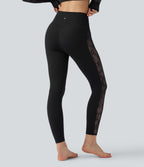High Waisted Tummy Control Contrast Lace Yoga Leggings with Pocket — Black — view 2