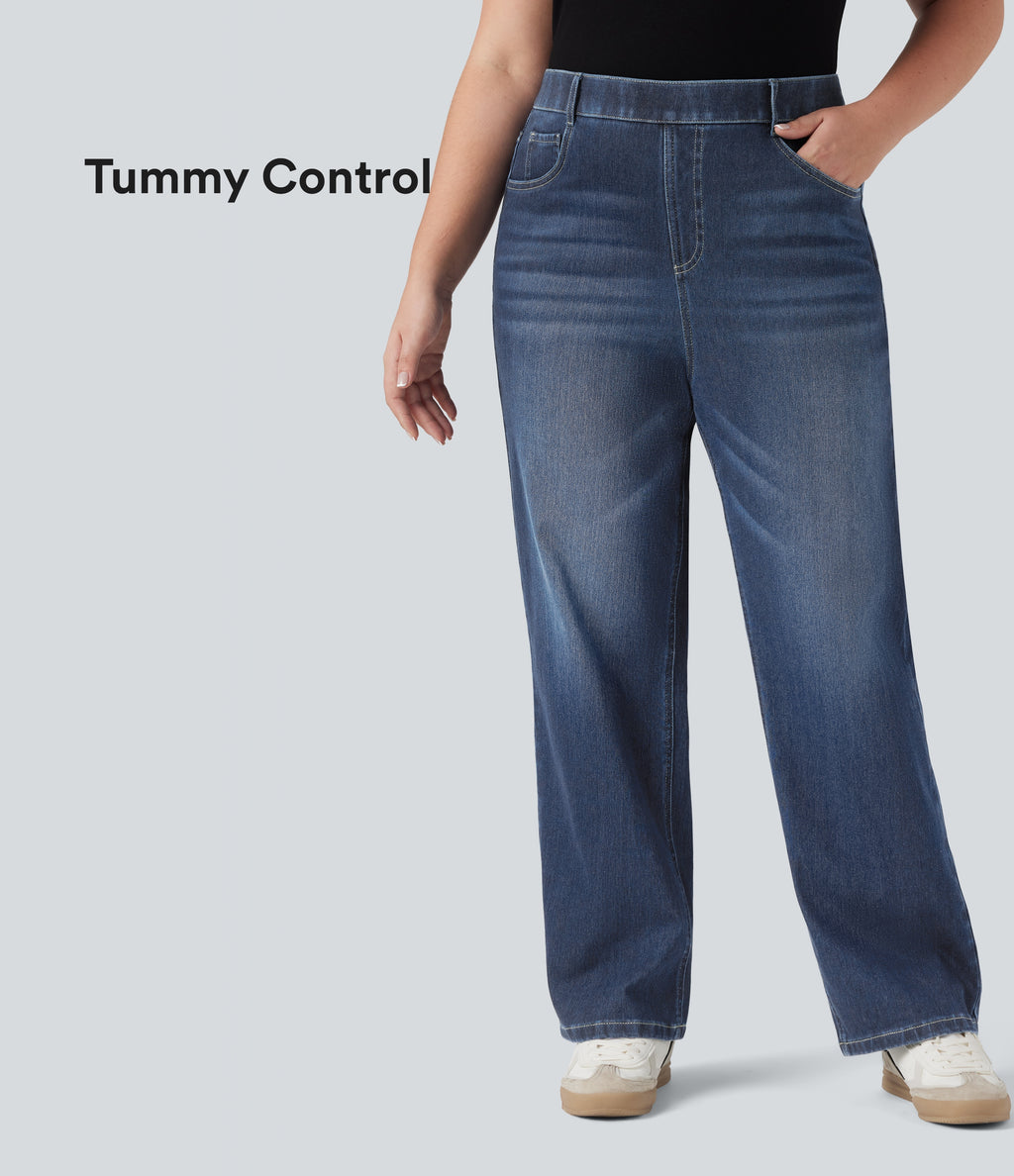 Plus Size High Waisted Tummy Control Straight Leg Washed Casual Jeans with Pockets — Distressed Denim Dark Blue — view 1