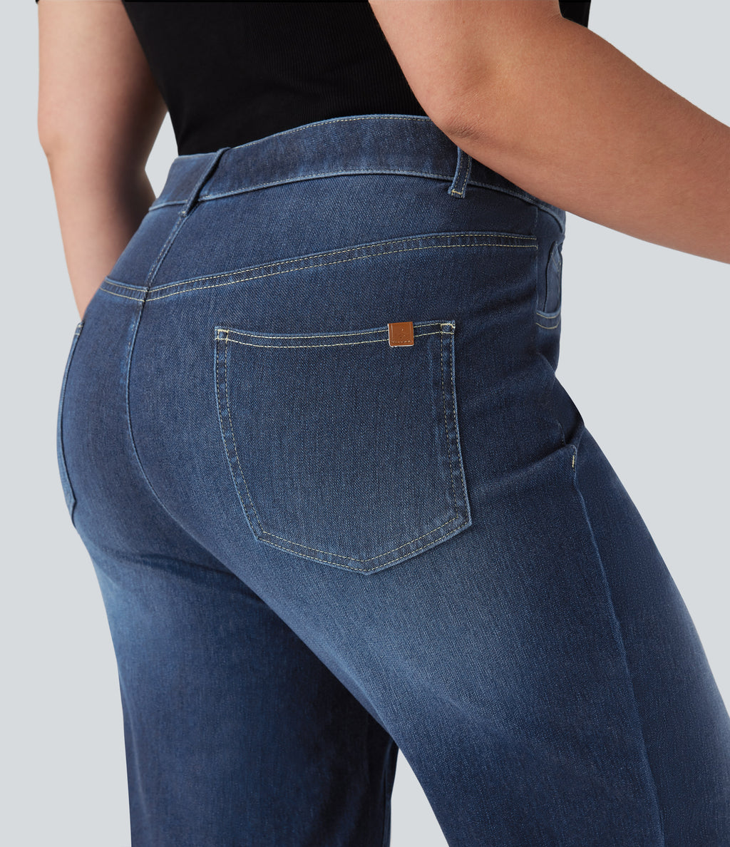 Plus Size High Waisted Tummy Control Straight Leg Washed Casual Jeans with Pockets — Distressed Denim Dark Blue — view 5