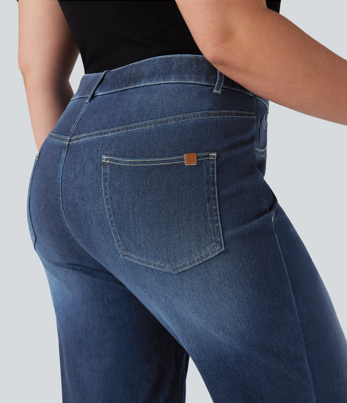 Plus Size High Waisted Tummy Control Straight Leg Washed Casual Jeans with Pockets — Distressed Denim Dark Blue — view 5