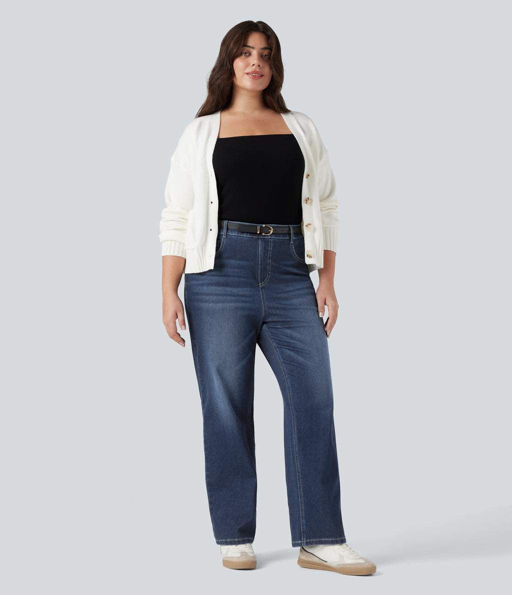 Plus Size High Waisted Tummy Control Straight Leg Washed Casual Jeans with Pockets — Distressed Denim Dark Blue — view 6