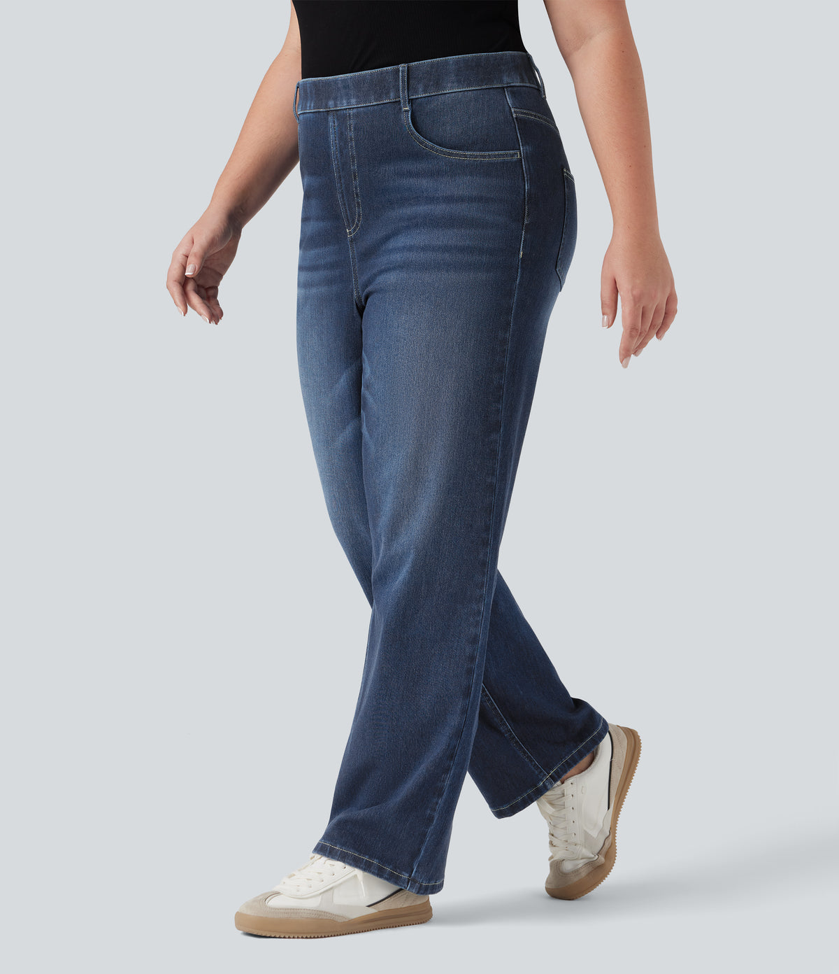 Plus Size High Waisted Tummy Control Straight Leg Washed Casual Jeans with Pockets — Distressed Denim Dark Blue — view 3