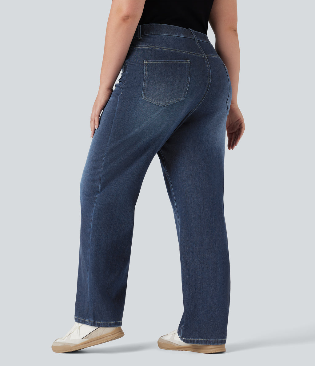 Plus Size High Waisted Tummy Control Straight Leg Washed Casual Jeans with Pockets — Distressed Denim Dark Blue — view 2