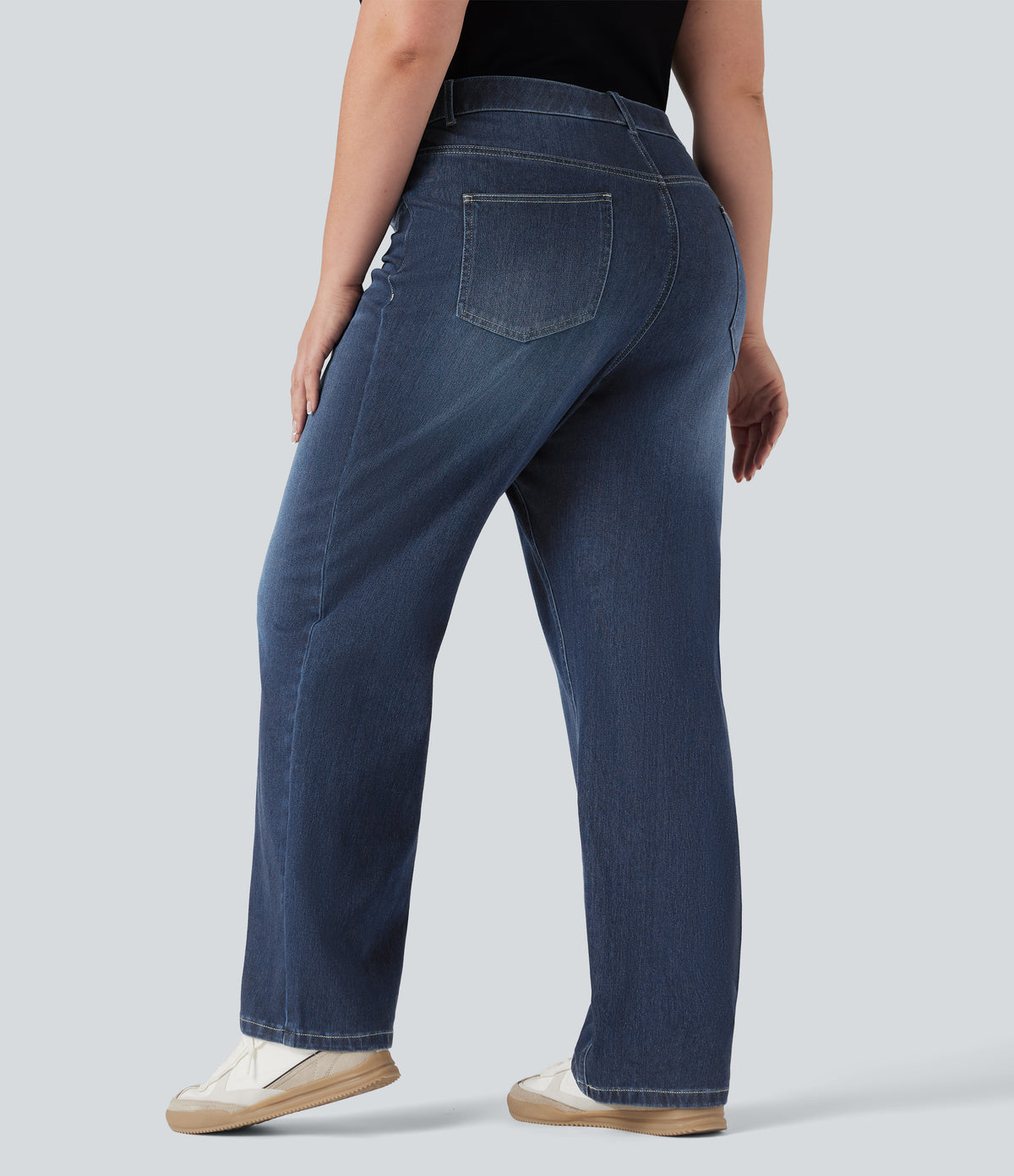Plus Size High Waisted Tummy Control Straight Leg Washed Casual Jeans with Pockets — Distressed Denim Dark Blue — view 2