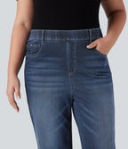 Plus Size High Waisted Tummy Control Straight Leg Washed Casual Jeans with Pockets — Distressed Denim Dark Blue — view 4