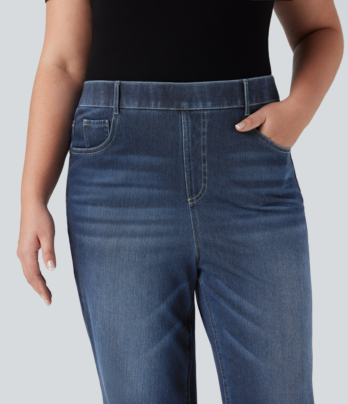 Plus Size High Waisted Tummy Control Straight Leg Washed Casual Jeans with Pockets — Distressed Denim Dark Blue — view 4