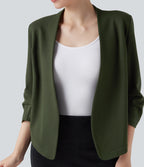 Wear-Resistant V-neck 3/4 Sleeve Ponte Roma Work Blazer — Deep Woodland Green — view 4