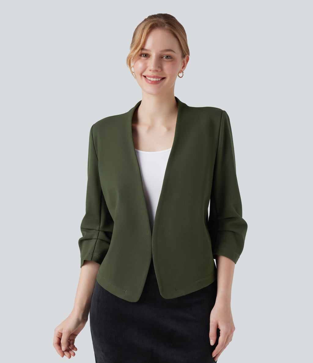 Wear-Resistant V-neck 3/4 Sleeve Ponte Roma Work Blazer — Deep Woodland Green — view 7
