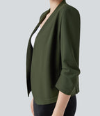 Wear-Resistant V-neck 3/4 Sleeve Ponte Roma Work Blazer — Deep Woodland Green — view 6
