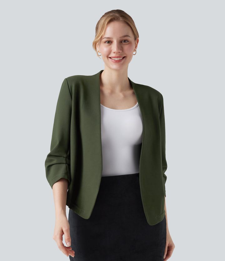 Wear-Resistant V-neck 3/4 Sleeve Ponte Roma Work Blazer — Deep Woodland Green — view 1