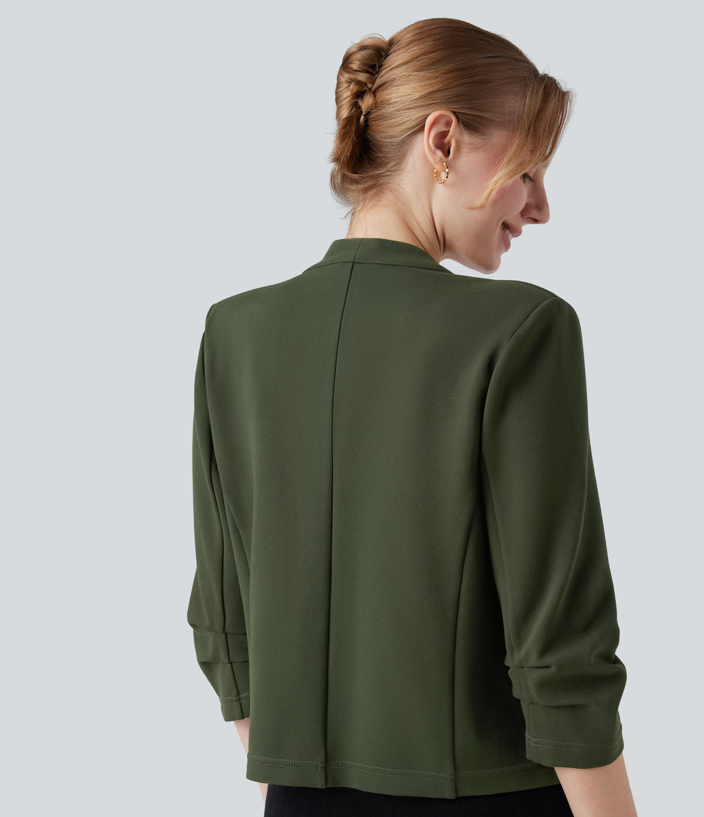 Wear-Resistant V-neck 3/4 Sleeve Ponte Roma Work Blazer — Deep Woodland Green — view 5