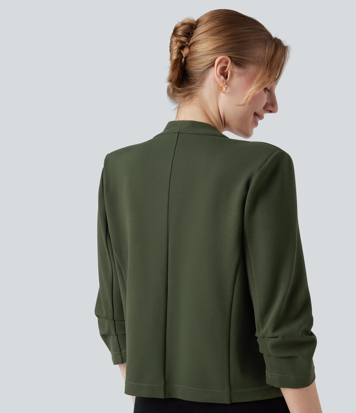 Wear-Resistant V-neck 3/4 Sleeve Ponte Roma Work Blazer — Deep Woodland Green — view 5