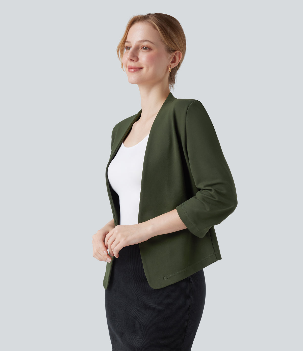 Wear-Resistant V-neck 3/4 Sleeve Ponte Roma Work Blazer — Deep Woodland Green — view 3