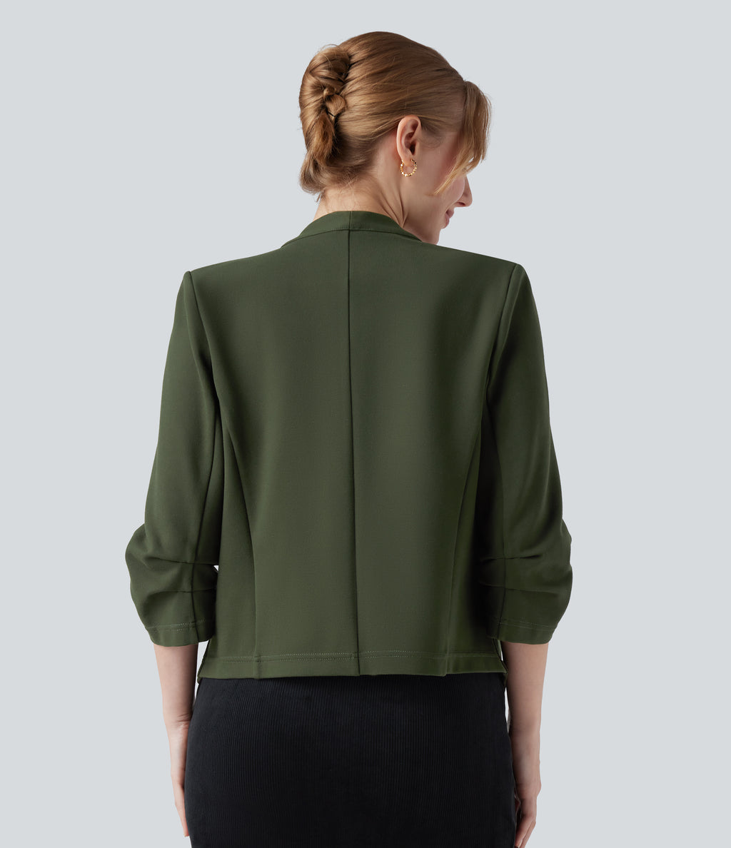 Wear-Resistant V-neck 3/4 Sleeve Ponte Roma Work Blazer — Deep Woodland Green — view 2