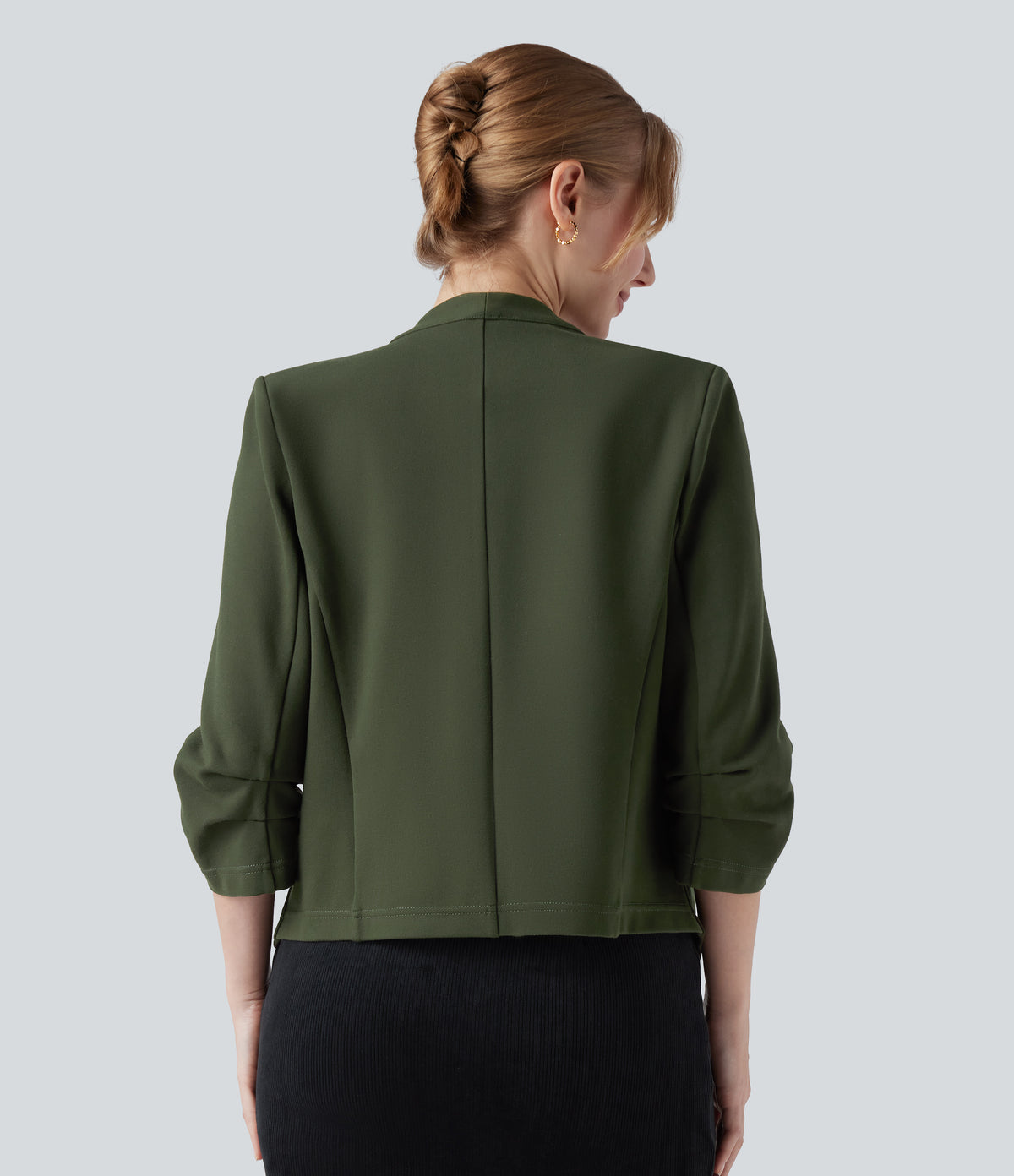 Wear-Resistant V-neck 3/4 Sleeve Ponte Roma Work Blazer — Deep Woodland Green — view 2