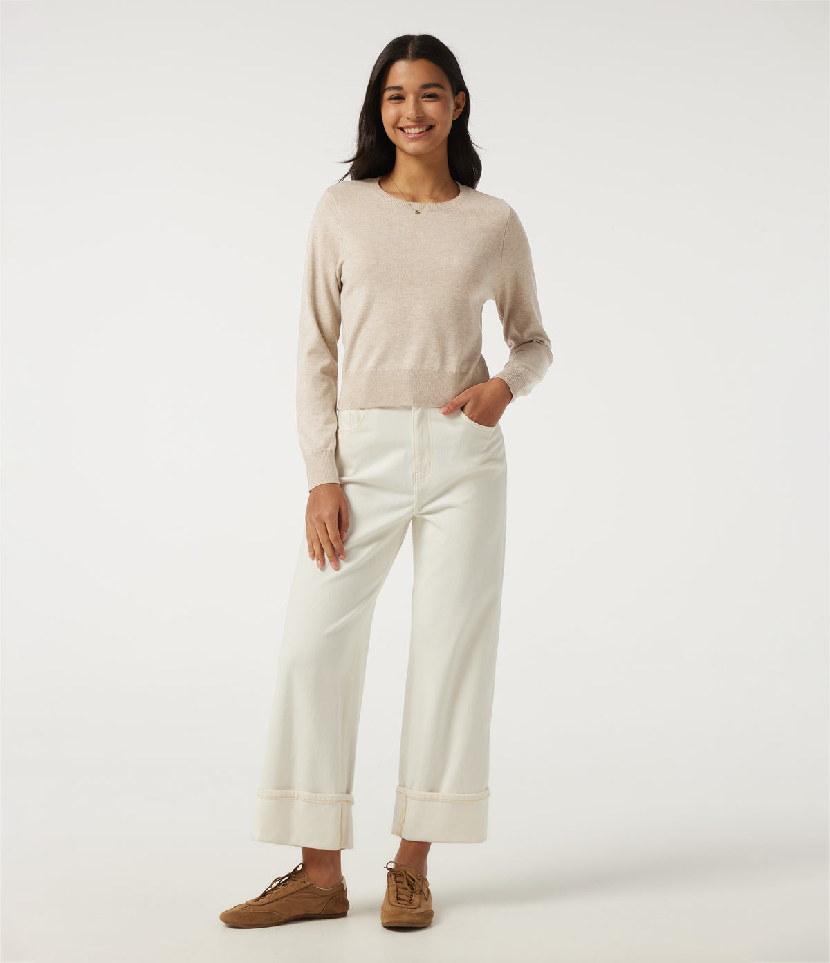 Round Neck Long Sleeve Wool-Blend Work Jumper — Sandshell — view 6