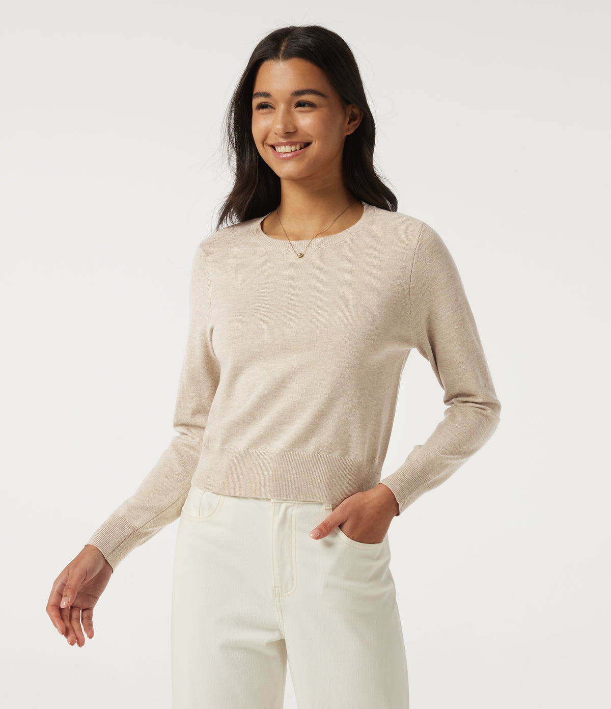 Round Neck Long Sleeve Wool-Blend Work Jumper — Sandshell — view 1