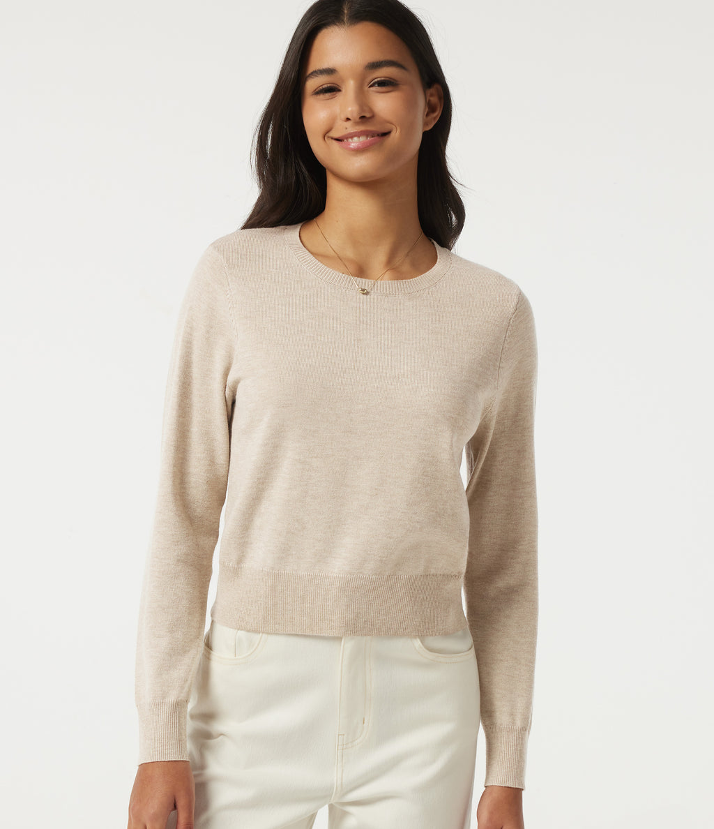 Round Neck Long Sleeve Wool-Blend Work Jumper — Sandshell — view 4