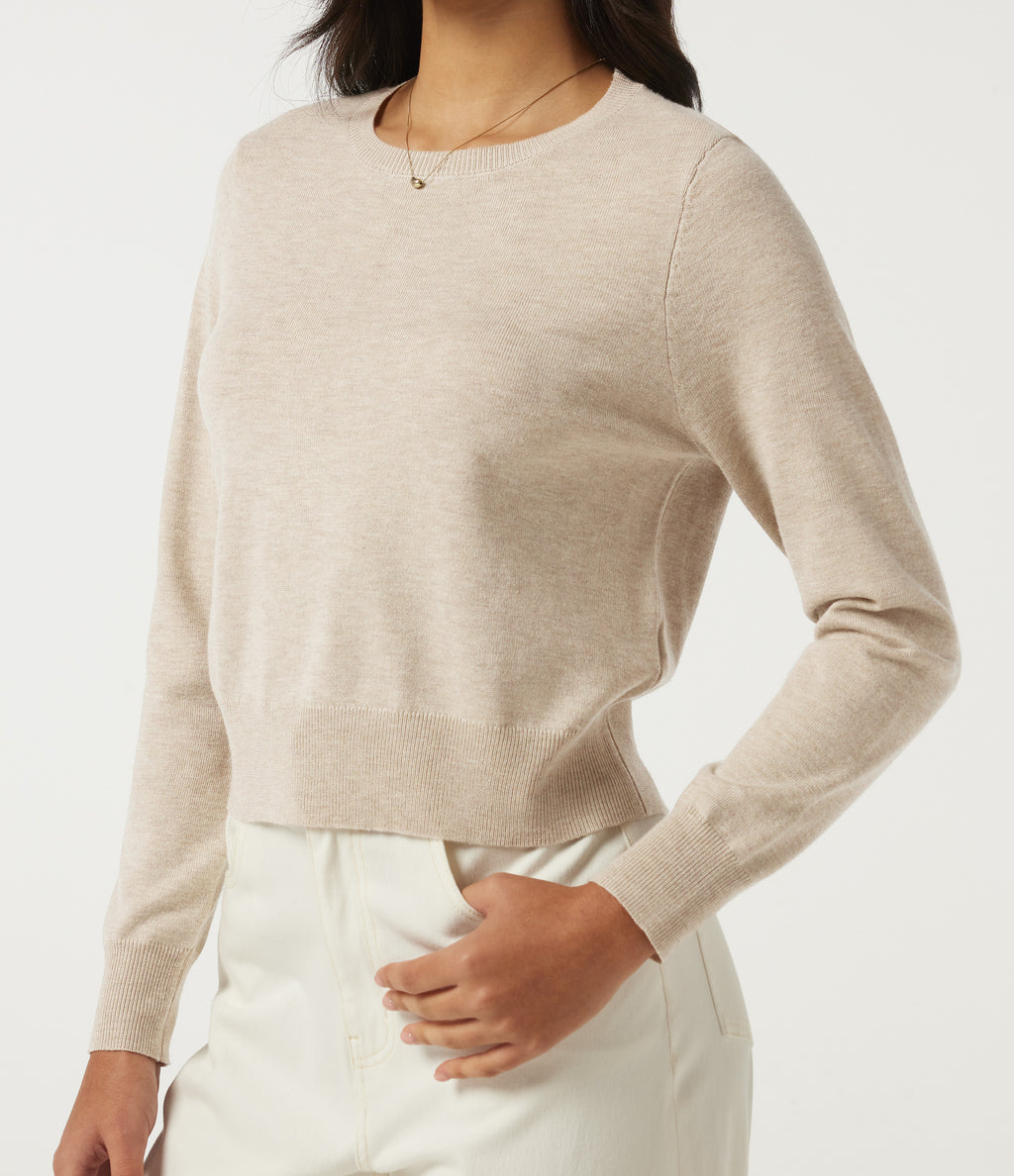 Round Neck Long Sleeve Wool-Blend Work Jumper — Sandshell — view 5