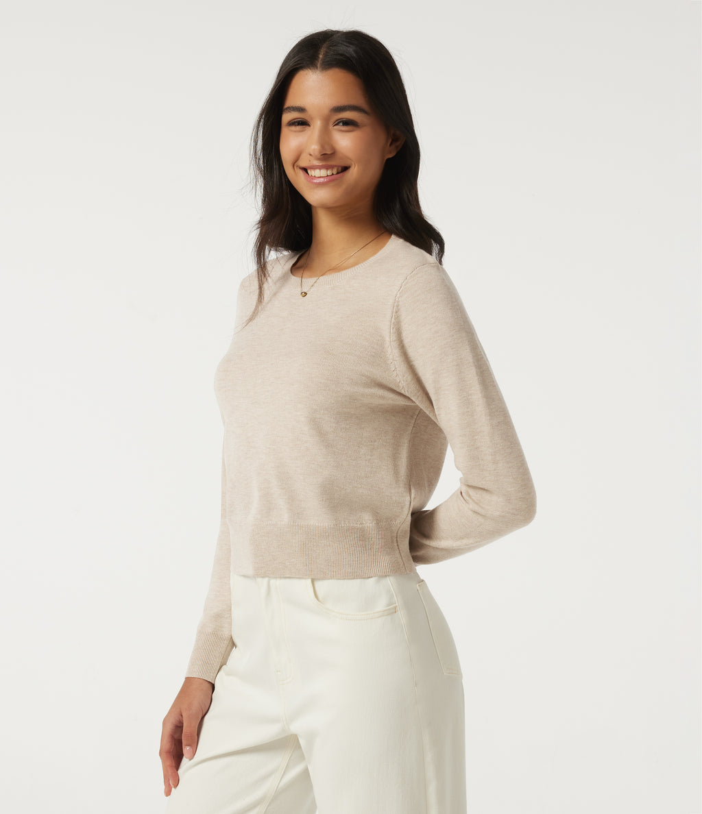 Round Neck Long Sleeve Wool-Blend Work Jumper — Sandshell — view 3