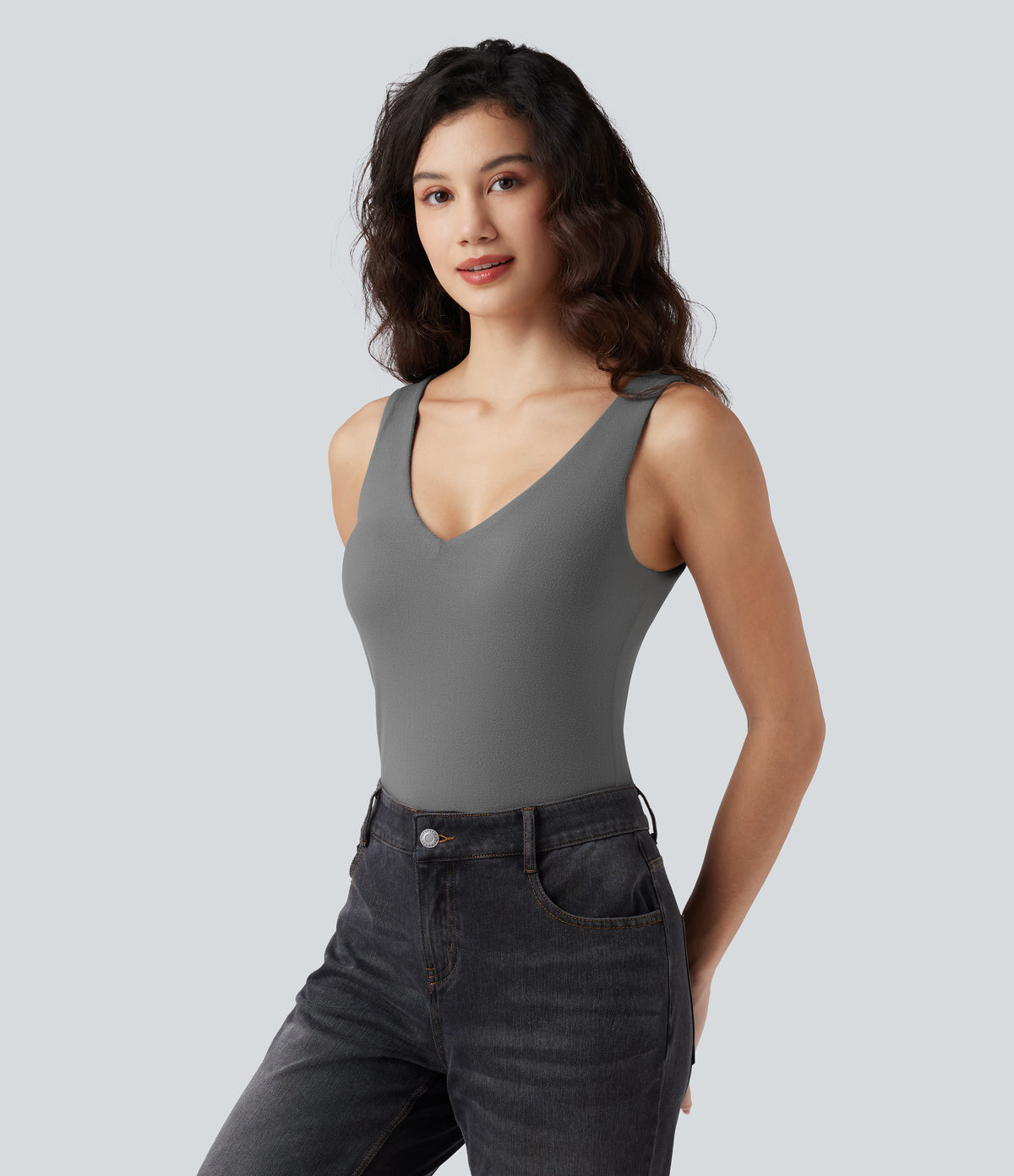 HeatCore V Neck Push-Up Casual Warming Tank Top A/B Cup — Steel Gray — view 3