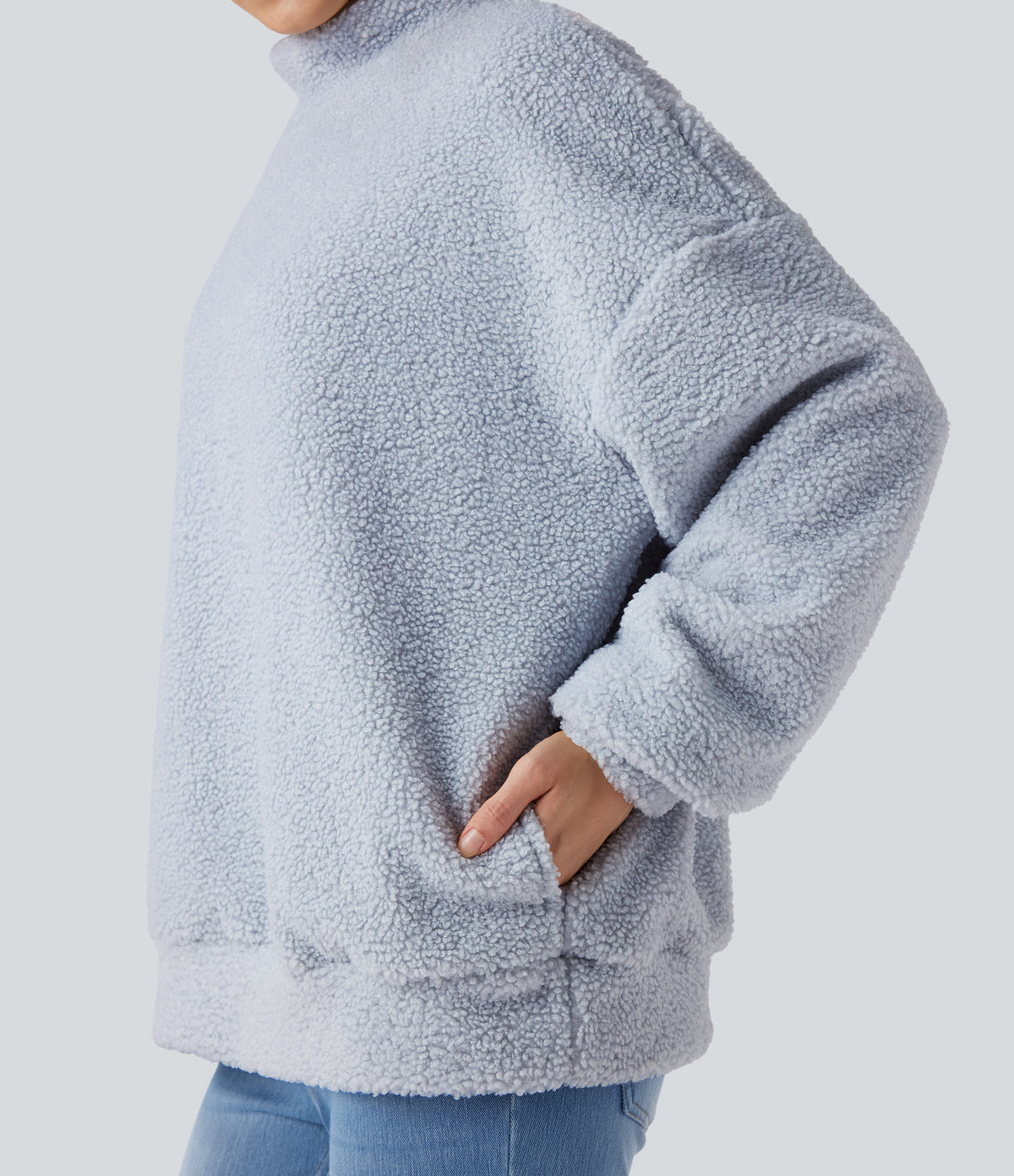 Mock Neck Long Sleeve Casual Sherpa Sweatshirt with Pockets — Arctic Ice — view 4