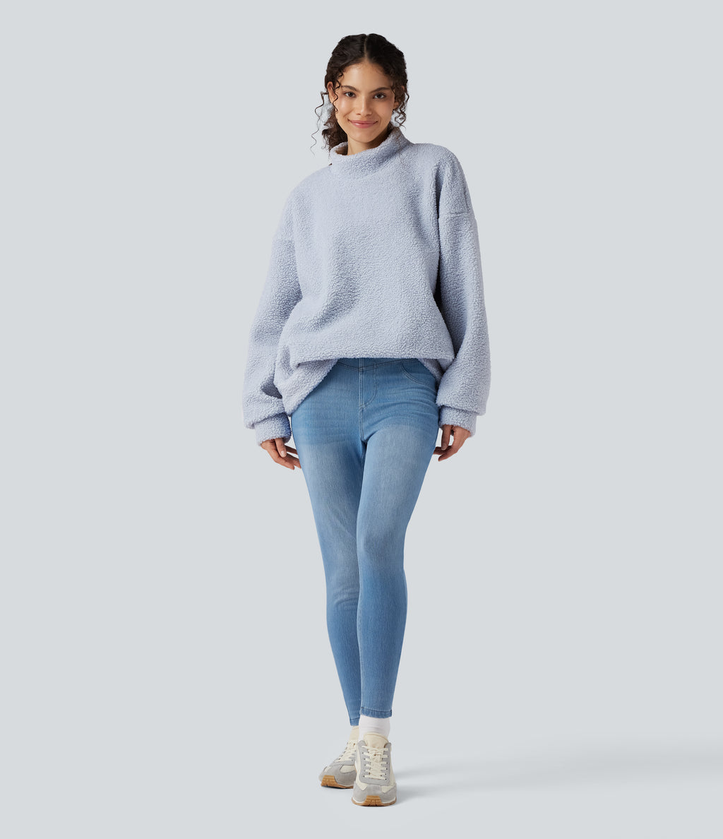 Mock Neck Long Sleeve Casual Sherpa Sweatshirt with Pockets — Arctic Ice — view 5