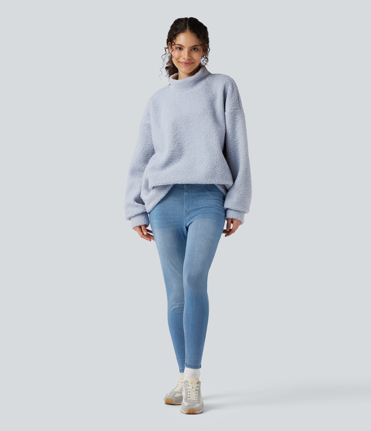 Mock Neck Long Sleeve Casual Sherpa Sweatshirt with Pockets — Arctic Ice — view 5