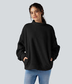 Mock Neck Long Sleeve Casual Sherpa Sweatshirt with Pockets — Black — view 6