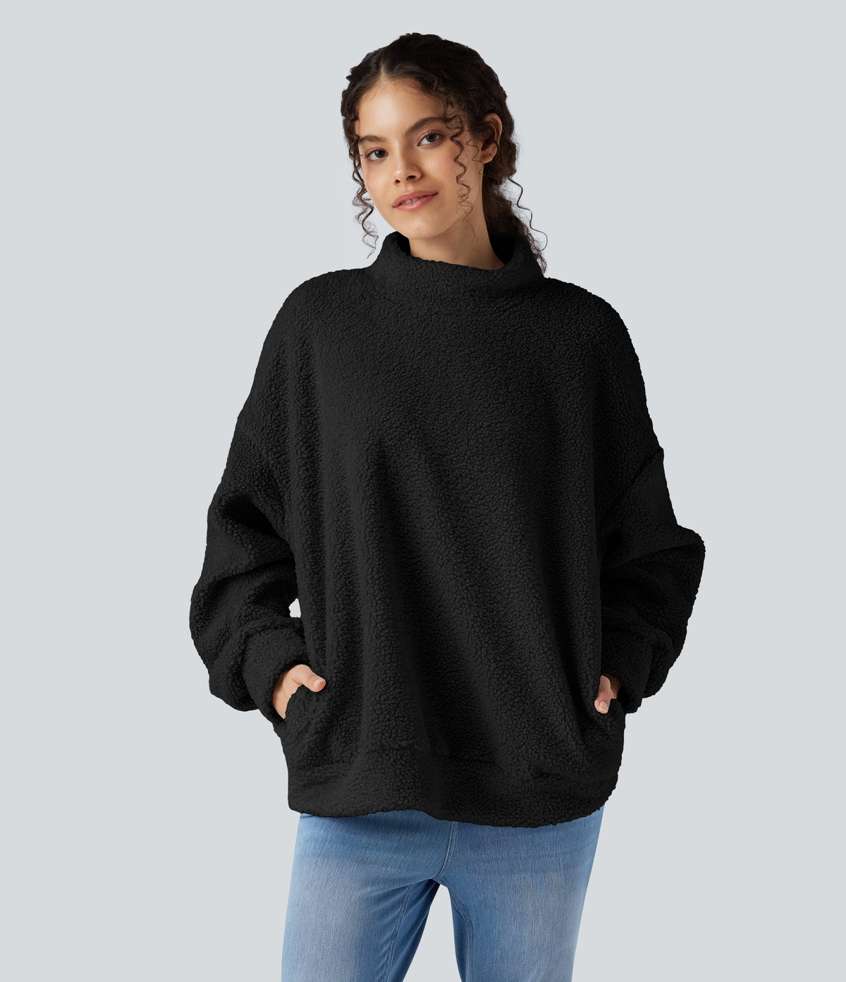 Mock Neck Long Sleeve Casual Sherpa Sweatshirt with Pockets — Black — view 6
