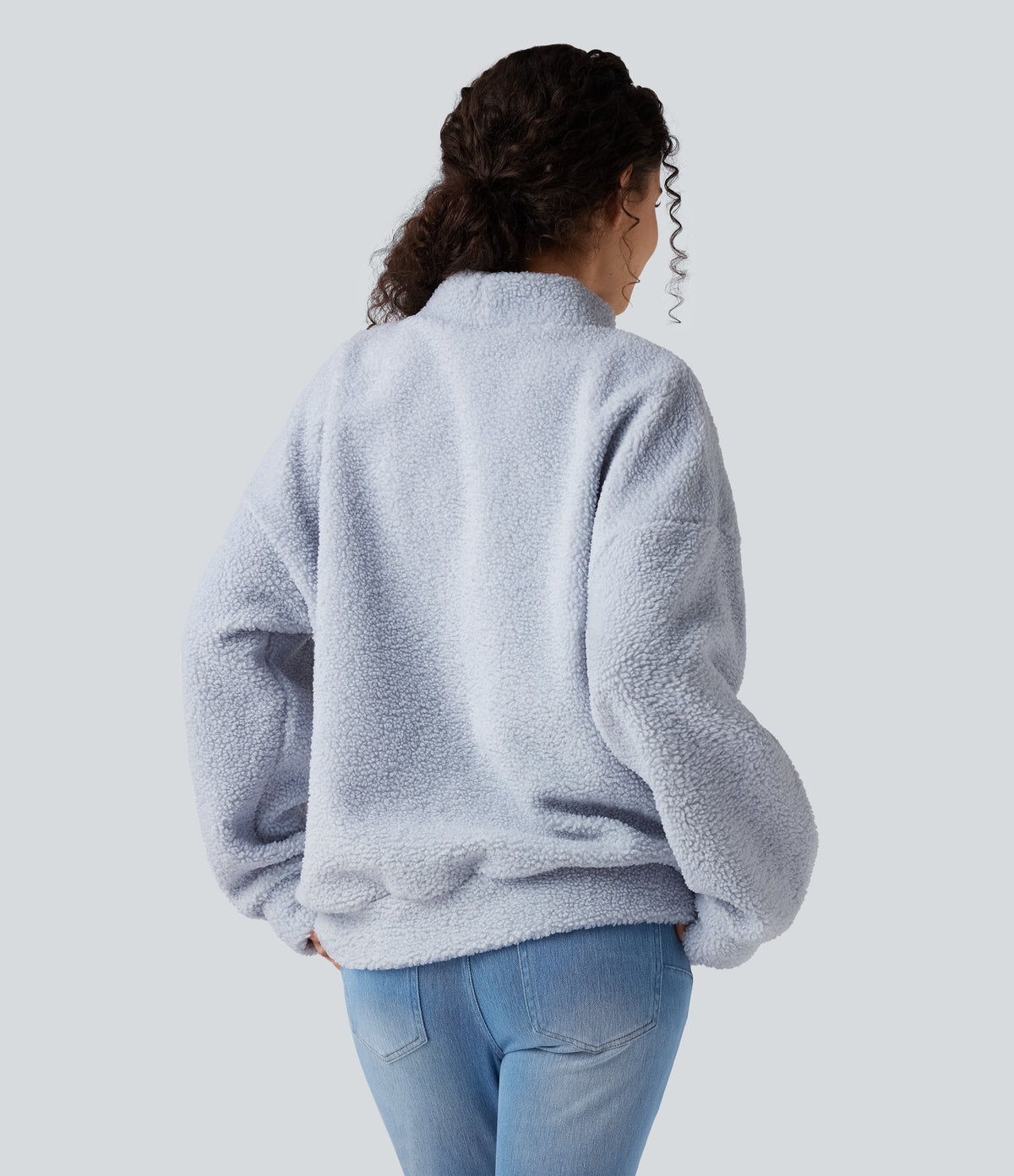 Mock Neck Long Sleeve Casual Sherpa Sweatshirt with Pockets — Arctic Ice — view 2