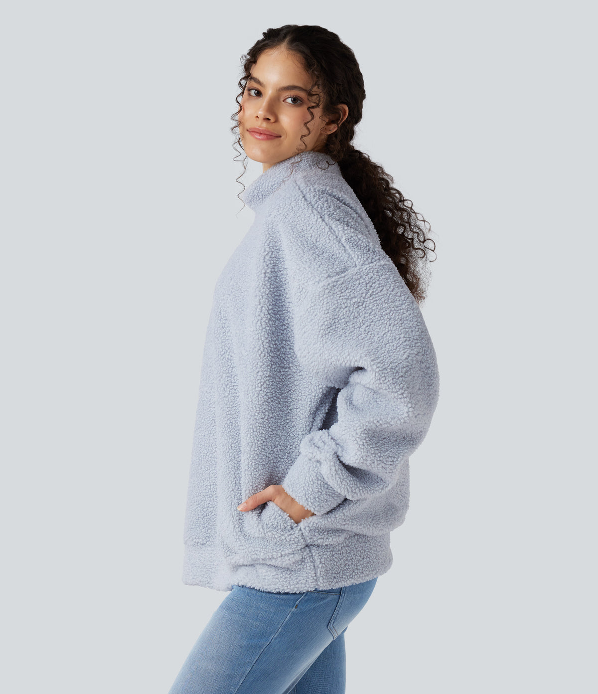 Mock Neck Long Sleeve Casual Sherpa Sweatshirt with Pockets — Arctic Ice — view 3