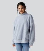 Mock Neck Long Sleeve Casual Sherpa Sweatshirt with Pockets — Arctic Ice — view 1