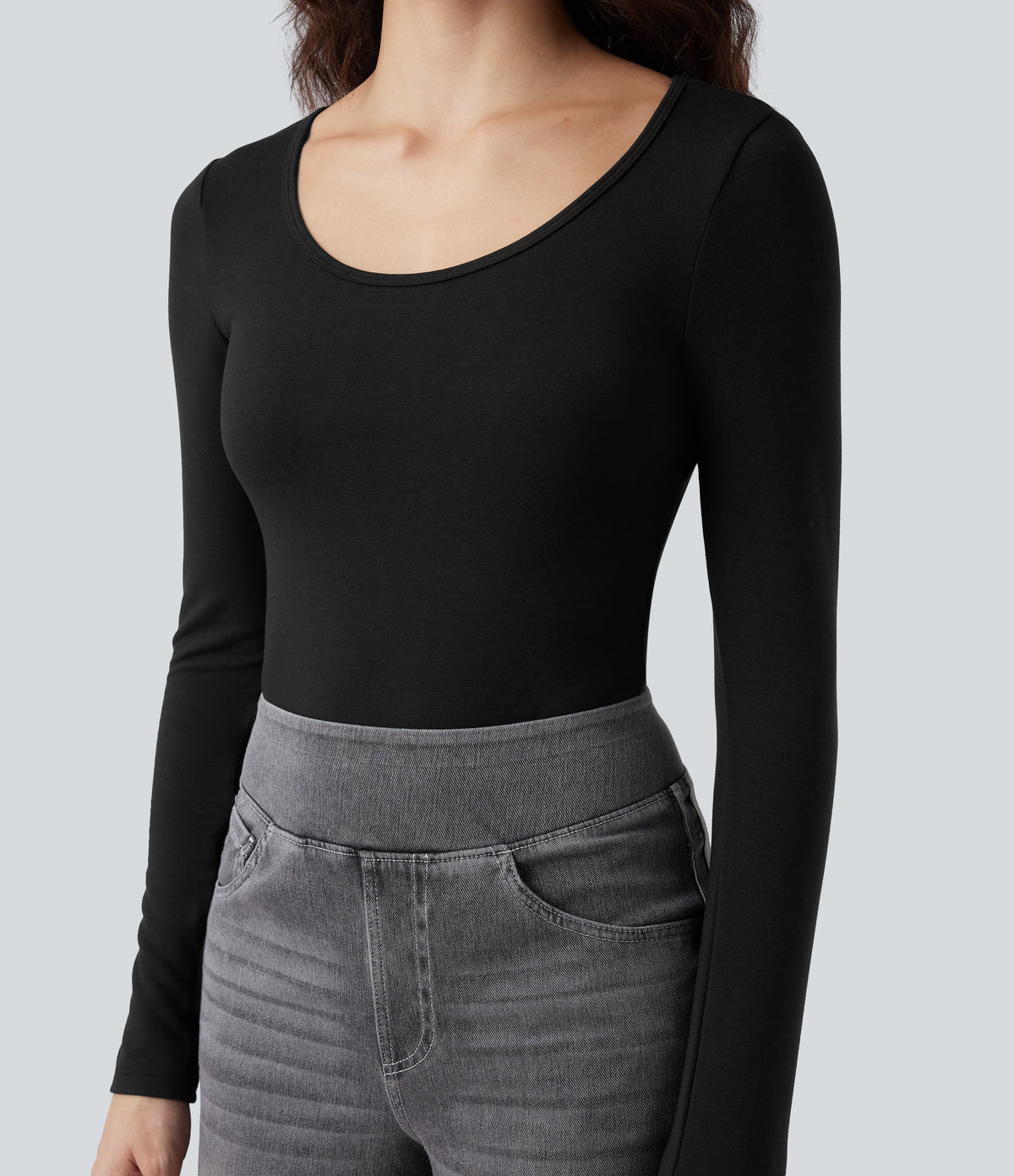 HeatCore Scoop Neck Long Sleeve Skinny Casual Warming Bodysuit — Black — view 6