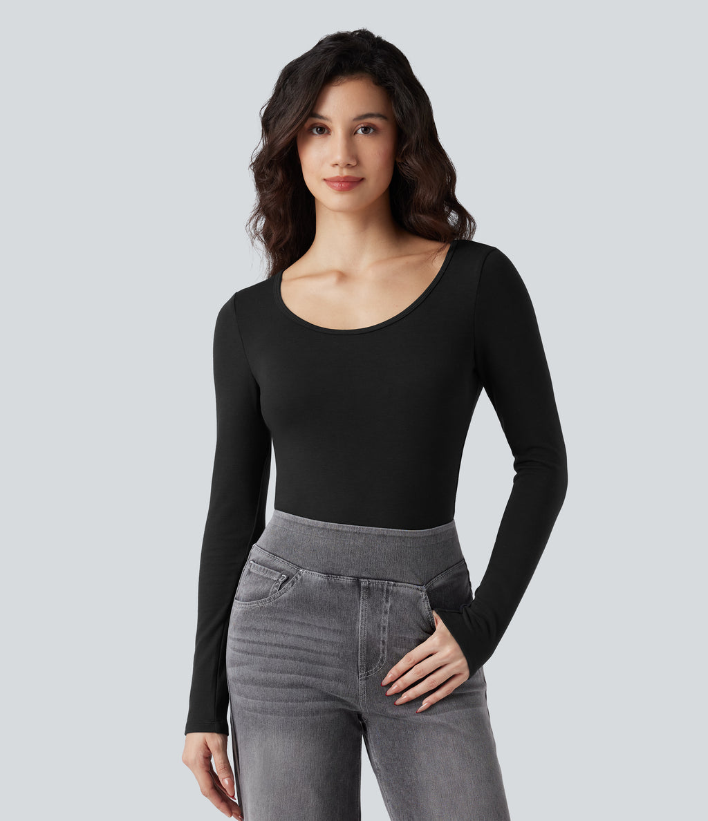 HeatCore Scoop Neck Long Sleeve Skinny Casual Warming Bodysuit — Black — view 5