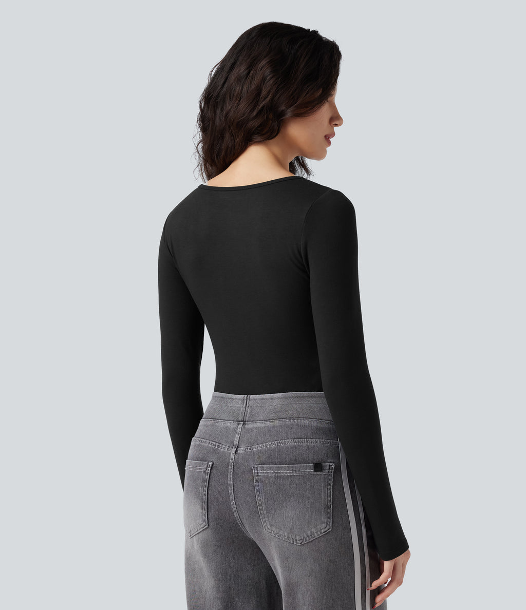 HeatCore Scoop Neck Long Sleeve Skinny Casual Warming Bodysuit — Black — view 4