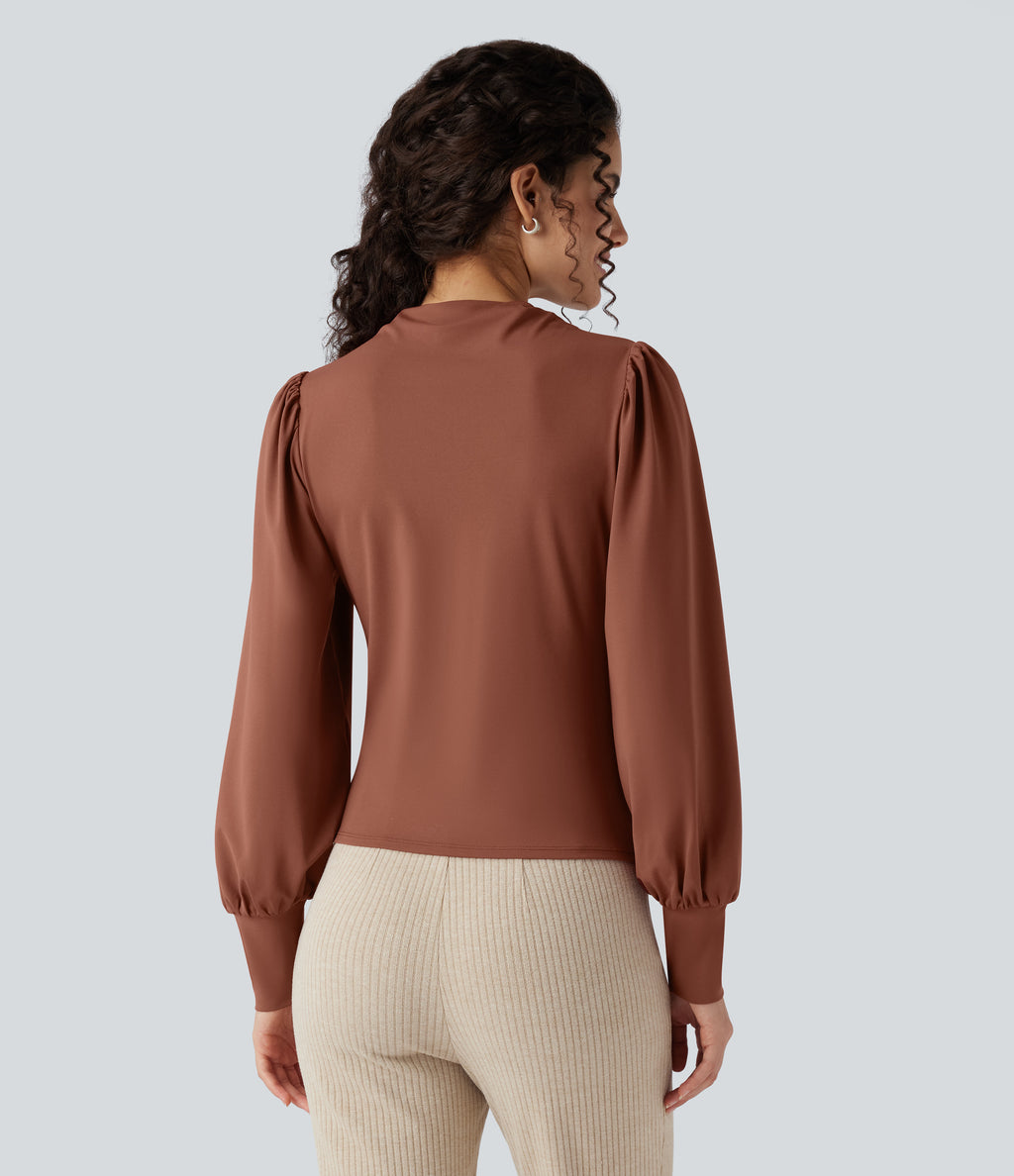 Mock Neck Long Sleeve Ruched Casual Top — Maple Syrup — view 2