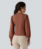 Mock Neck Long Sleeve Ruched Casual Top — Maple Syrup — view 2