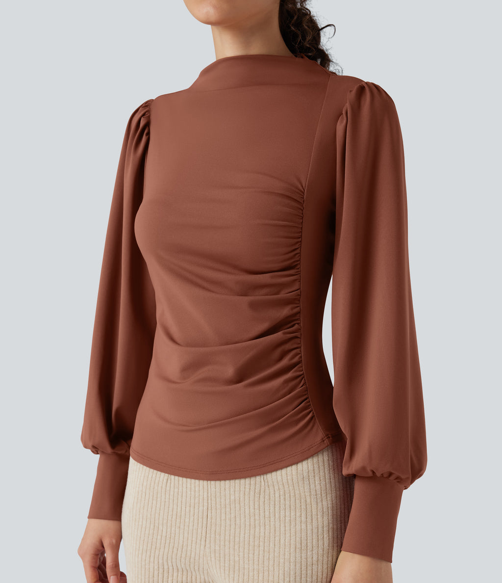 Mock Neck Long Sleeve Ruched Casual Top — Maple Syrup — view 5