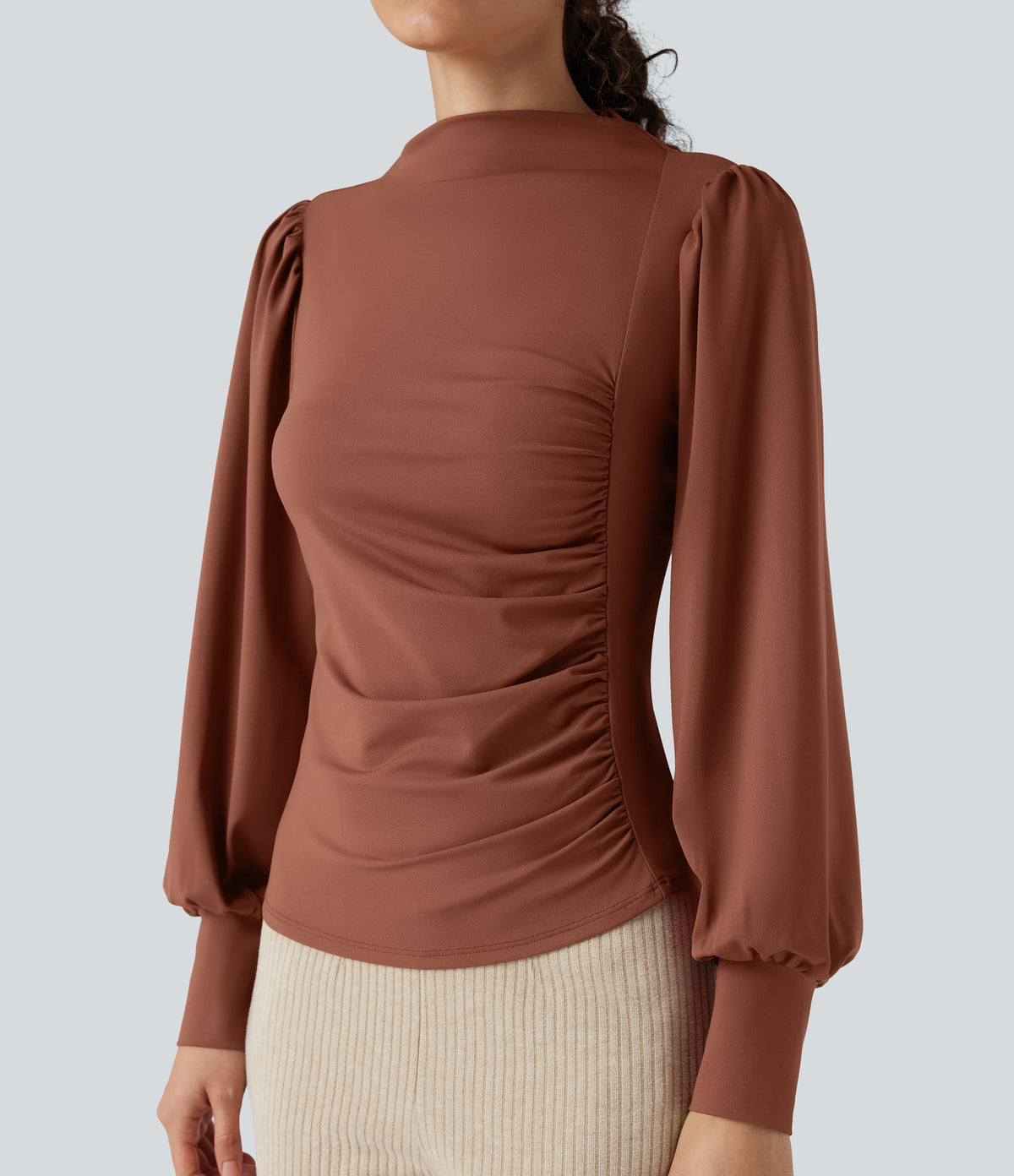 Mock Neck Long Sleeve Ruched Casual Top — Maple Syrup — view 5