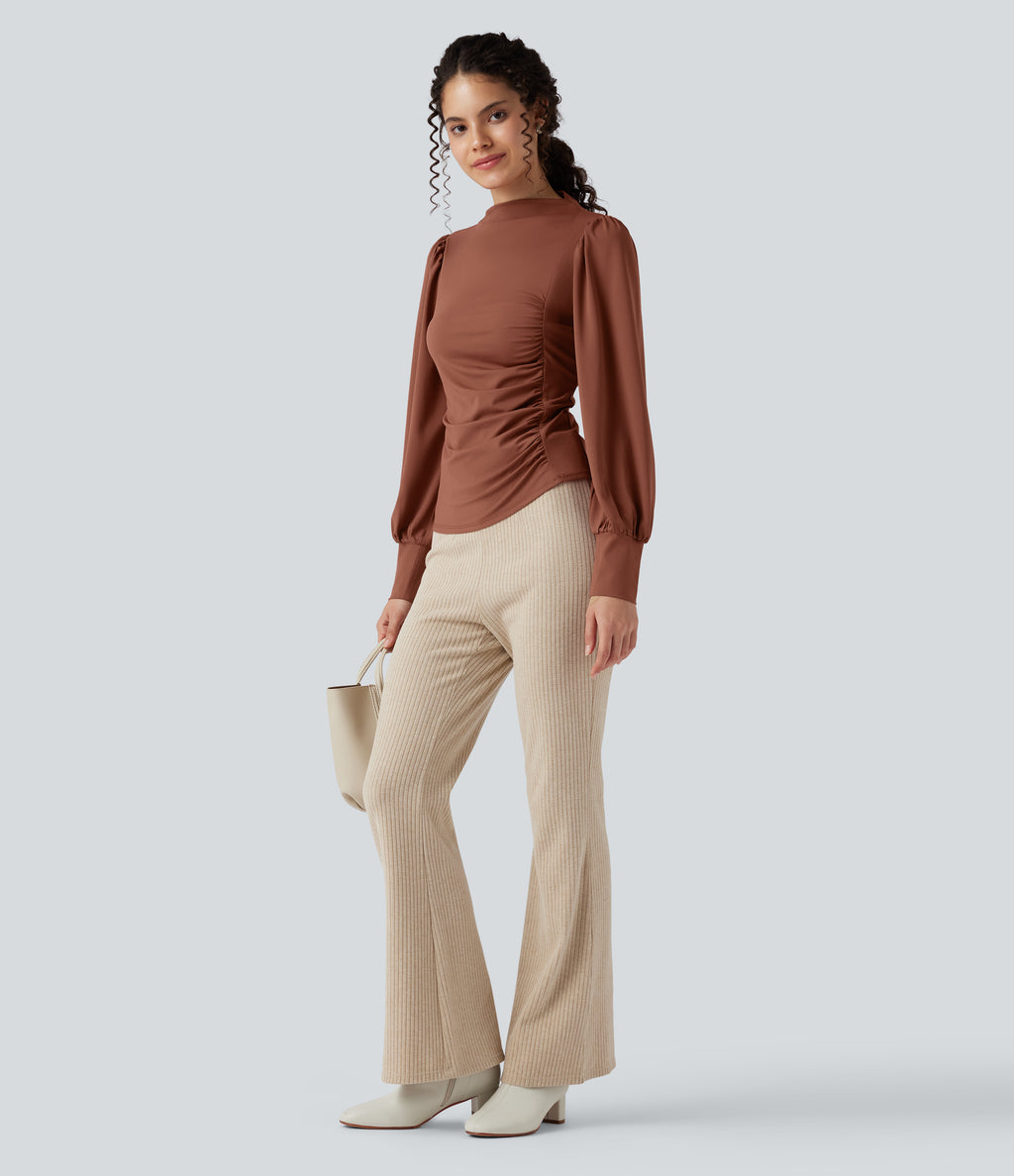 Mock Neck Long Sleeve Ruched Casual Top — Maple Syrup — view 6