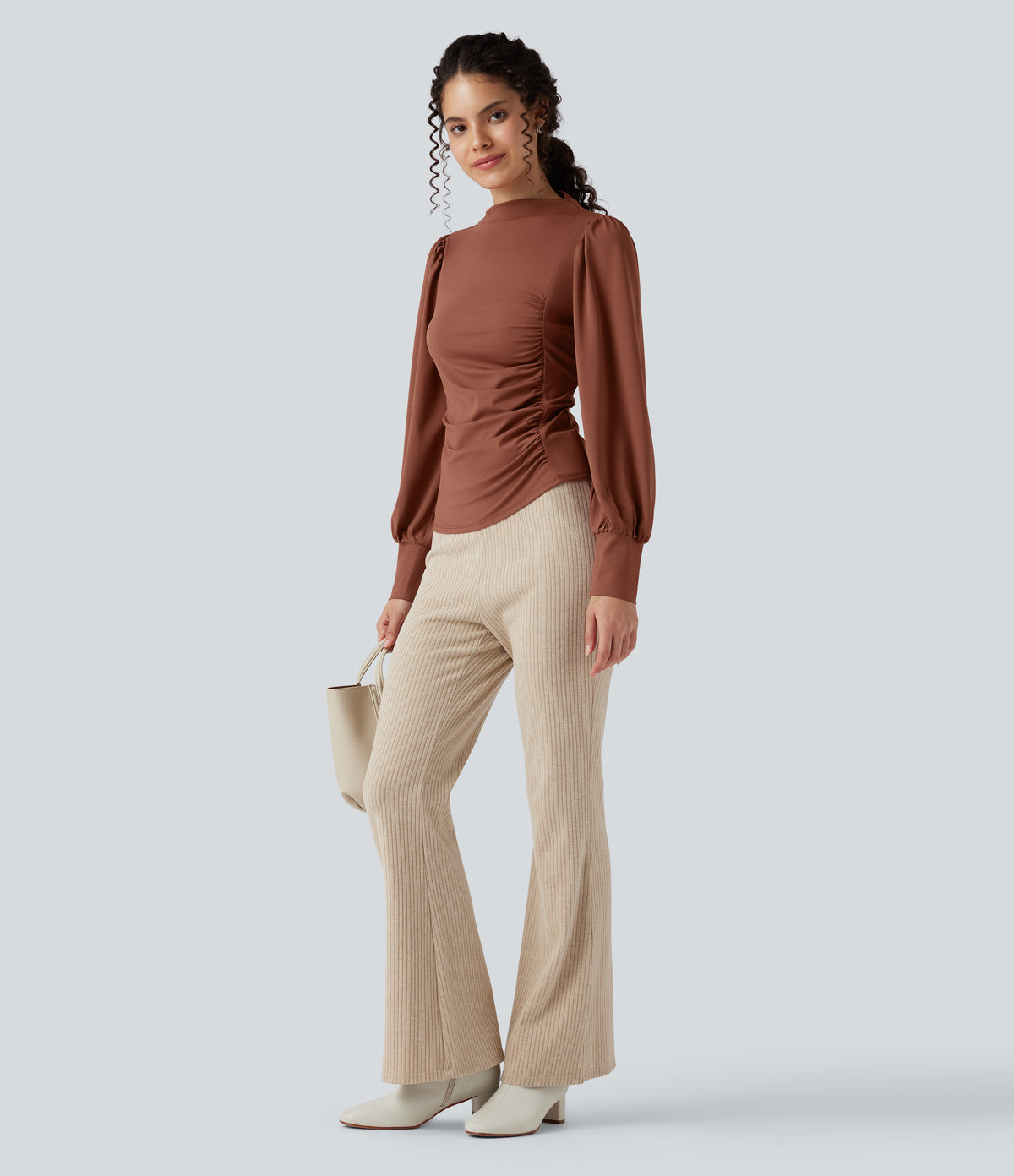 Mock Neck Long Sleeve Ruched Casual Top — Maple Syrup — view 6