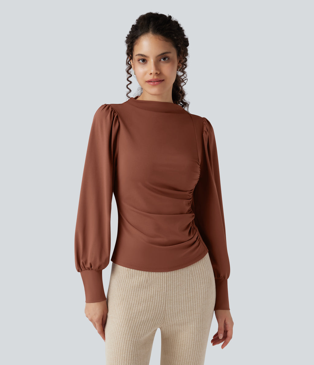 Mock Neck Long Sleeve Ruched Casual Top — Maple Syrup — view 1